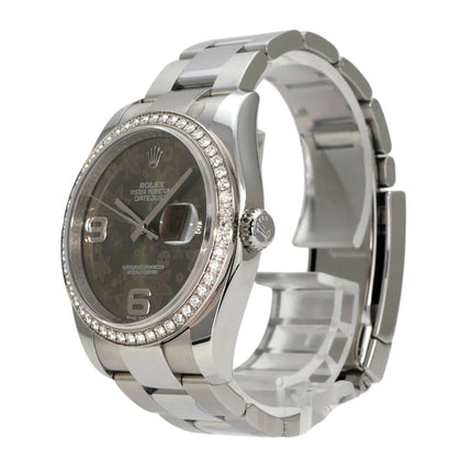 Rolex Datejust 36 Edelstahl Weißgold Diamant Lünette 116244 Bronze Floral mit Diamanten und floralem Zifferblatt.