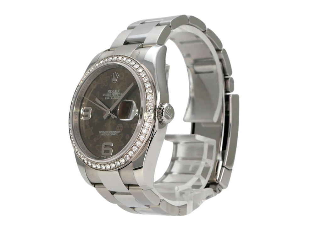Rolex Datejust 36 Edelstahl Weißgold Diamant Lünette 116244 Bronze Floral mit Diamanten und floralem Zifferblatt.