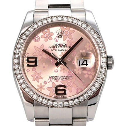 Rolex Datejust 36 Edelstahl Weißgold Diamant Lünette 116244 Pink Floral mit floralem Zifferblatt und Diamant-Lünette.