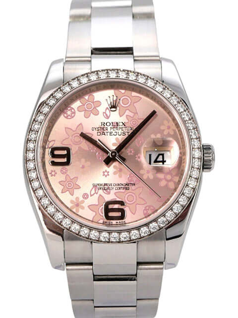 Rolex Datejust 36 Edelstahl Weißgold Diamant Lünette 116244 Pink Floral mit floralem Zifferblatt und Diamant-Lünette.