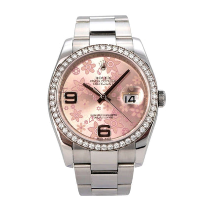 Rolex Datejust 36 Edelstahl Weißgold Diamant Lünette 116244 Pink Floral mit floralem Zifferblatt und Diamanten.