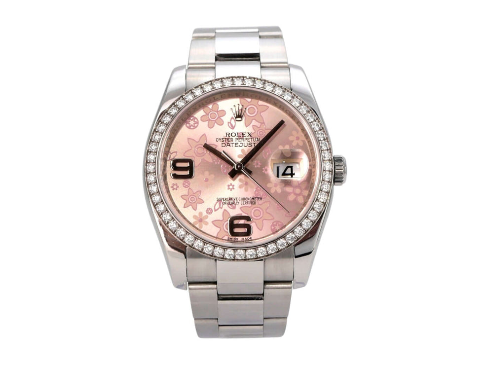Rolex Datejust 36 Edelstahl Weißgold Diamant Lünette 116244 Pink Floral mit floralem Zifferblatt und Diamanten.