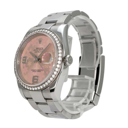 Rolex Datejust 36 Edelstahl Weißgold Diamant Lünette 116244 Pink Floral auf einem silbernen Armband mit Diamanten.