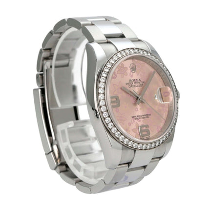 Rolex Datejust 36 Edelstahl Weißgold Diamant Lünette 116244 Pink Floral mit blühendem Zifferblatt und Diamantbesatz.