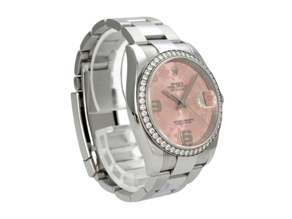 Rolex Datejust 36 Edelstahl Weißgold Diamant Lünette 116244 Pink Floral mit blühendem Zifferblatt und Diamantbesatz.