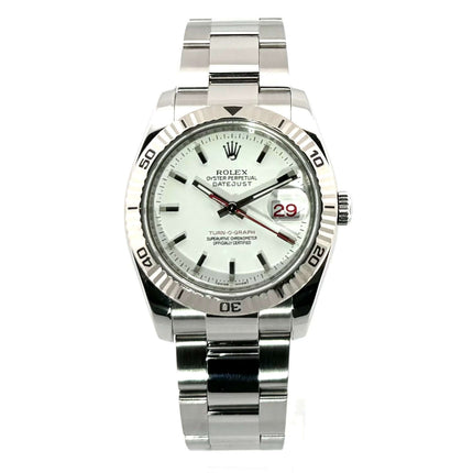 Rolex Datejust 36 Turn-O-Graph 116264 Weiß Edelstahl mit drehbarer Lünette aus 18 kt Weißgold, weißes Zifferblatt, und Oyster Edelstahlband.