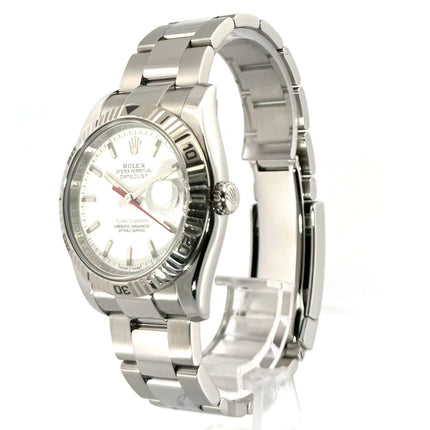 Rolex Datejust 36 Turn-O-Graph 116264 Weiß aus Edelstahl mit weißem Zifferblatt und Oysterband, drehbare Lünette aus Weißgold.
