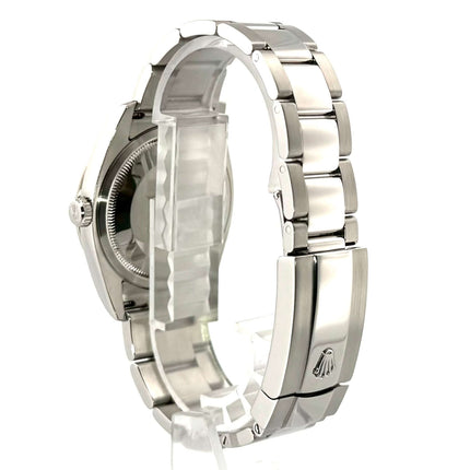 Rückansicht der Rolex Datejust 36 Turn-O-Graph 116264 Weiß mit poliertem und satiniertem Edelstahlgehäuse und Oysterband.