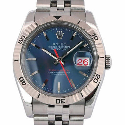 Rolex Datejust 36 Turn-O-Graph 116264 mit blauem Zifferblatt und Edelstahl-Jubileeband.