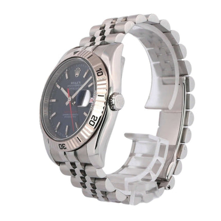 Rolex Datejust 36 Turn-O-Graph 116264 mit blauem Zifferblatt und Jubile Edelstahl Armband, Seitenansicht.
