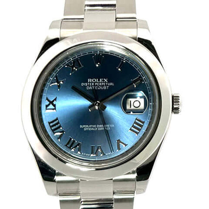 Rolex Datejust II 41 Edelstahl Ref. 116300, blaues Zifferblatt mit römischen Ziffern, poliertes und satiniertes Gehäuse, Edelstahl Lünette und Armband.