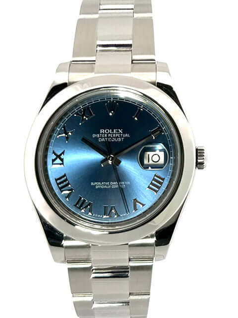 Rolex Datejust II 41 Edelstahl Ref. 116300, blaues Zifferblatt mit römischen Ziffern, poliertes und satiniertes Gehäuse, Edelstahl Lünette und Armband.