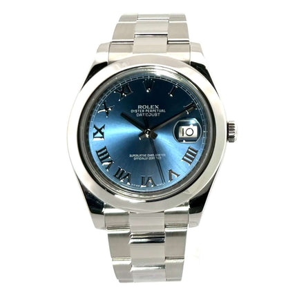 Rolex Datejust II 41mm Edelstahl Ref. 116300 von 2016, blaues Zifferblatt mit römischen Ziffern, Oyster-Armband, polierte Lünette.
