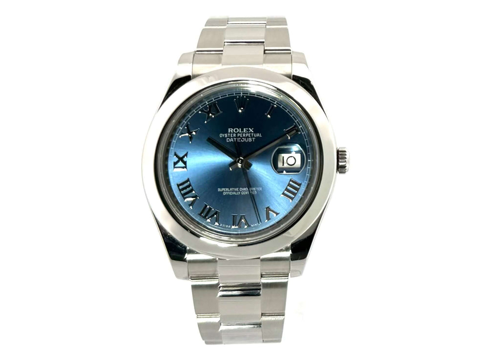 Rolex Datejust II 41mm Edelstahl Ref. 116300 von 2016, blaues Zifferblatt mit römischen Ziffern, Oyster-Armband, polierte Lünette.