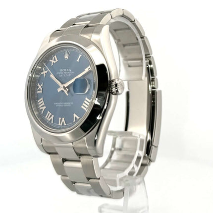 Rolex Datejust II 41mm Edelstahl 116300 mit blauem Zifferblatt und römischen Ziffern, Edelstahlarmband, Baujahr 2016.