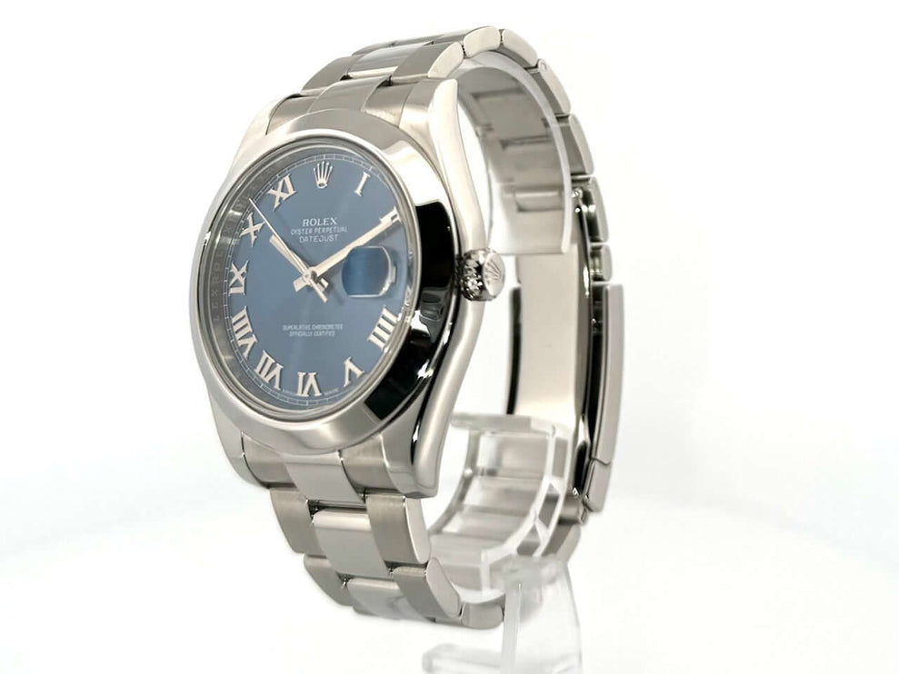 Rolex Datejust II 41mm Edelstahl 116300 mit blauem Zifferblatt und römischen Ziffern, Edelstahlarmband, Baujahr 2016.