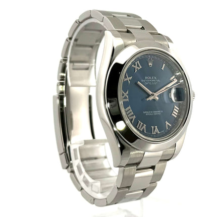 Rolex Datejust II 41 Edelstahl Ref. 116300 mit blauem Zifferblatt und römischen Ziffern, poliertes Edelstahlgehäuse und Oyster-Armband.
