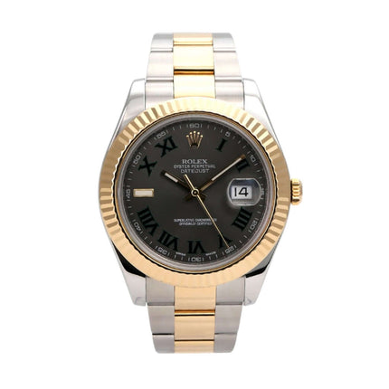 Rolex Datejust II 41 Edelstahl Gelbgold 116333 mit grauem Zifferblatt und römischen Ziffern, 2011 Modell.