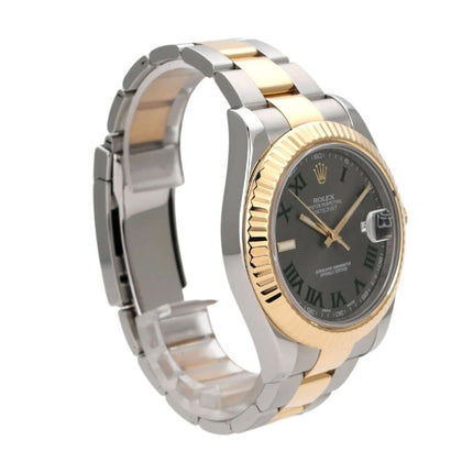 Rolex Datejust II 41 Edelstahl Gelbgold 116333 mit grauem Zifferblatt und römischen Ziffern, Automatikwerk, elegantes Design.