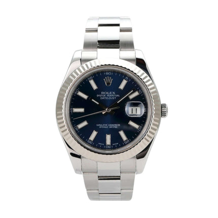 Rolex Datejust II 41 Edelstahl Weißgold 116334 mit blauem Zifferblatt, 2011, Automatikwerk und Oyster Edelstahlband.