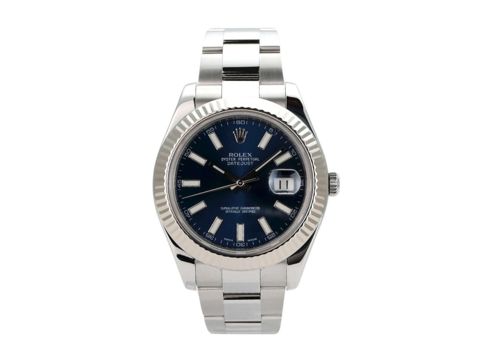 Rolex Datejust II 41 Edelstahl Weißgold 116334 mit blauem Zifferblatt, 2011, Automatikwerk und Oyster Edelstahlband.