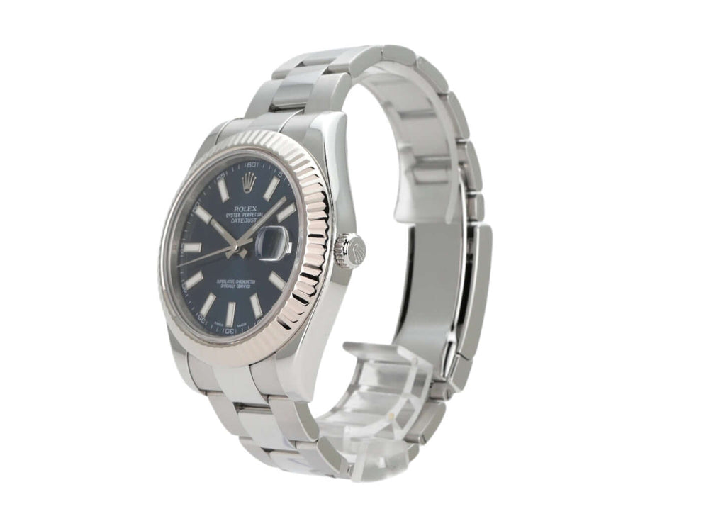 Rolex Datejust II 41 Edelstahl Weißgold 116334 mit blauem Zifferblatt und Oyster Edelstahlband.
