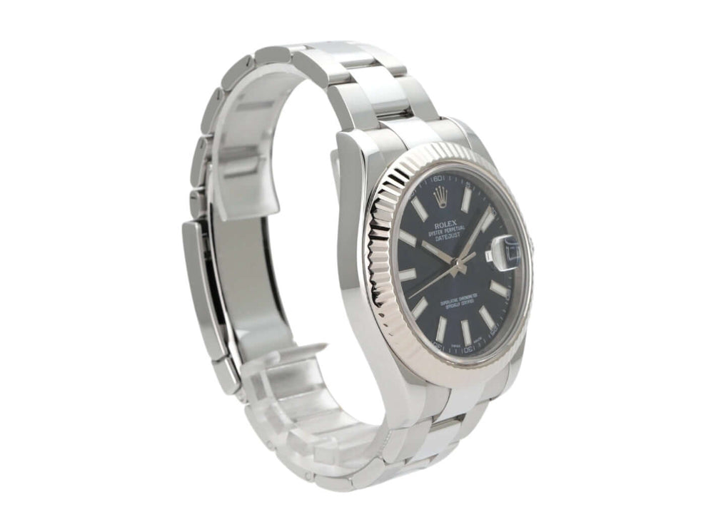 Rolex Datejust II 41 Edelstahl Weißgold 116334 mit blauem Zifferblatt und Oyster Edelstahlband.