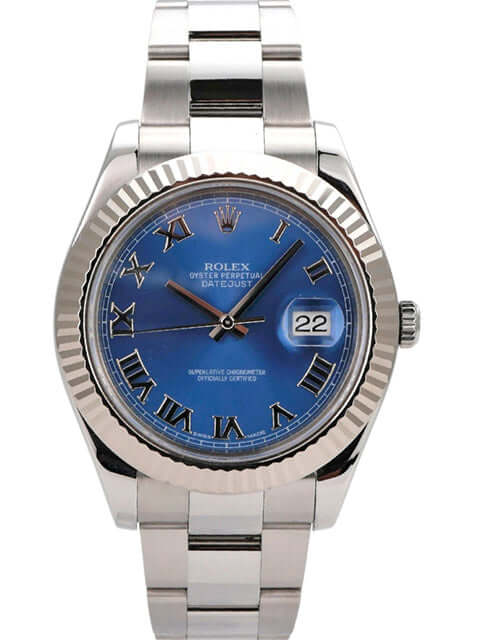 Rolex Datejust II 116334 Edelstahl Weißgold mit blauem Zifferblatt und römischen Ziffern, poliertes Armband