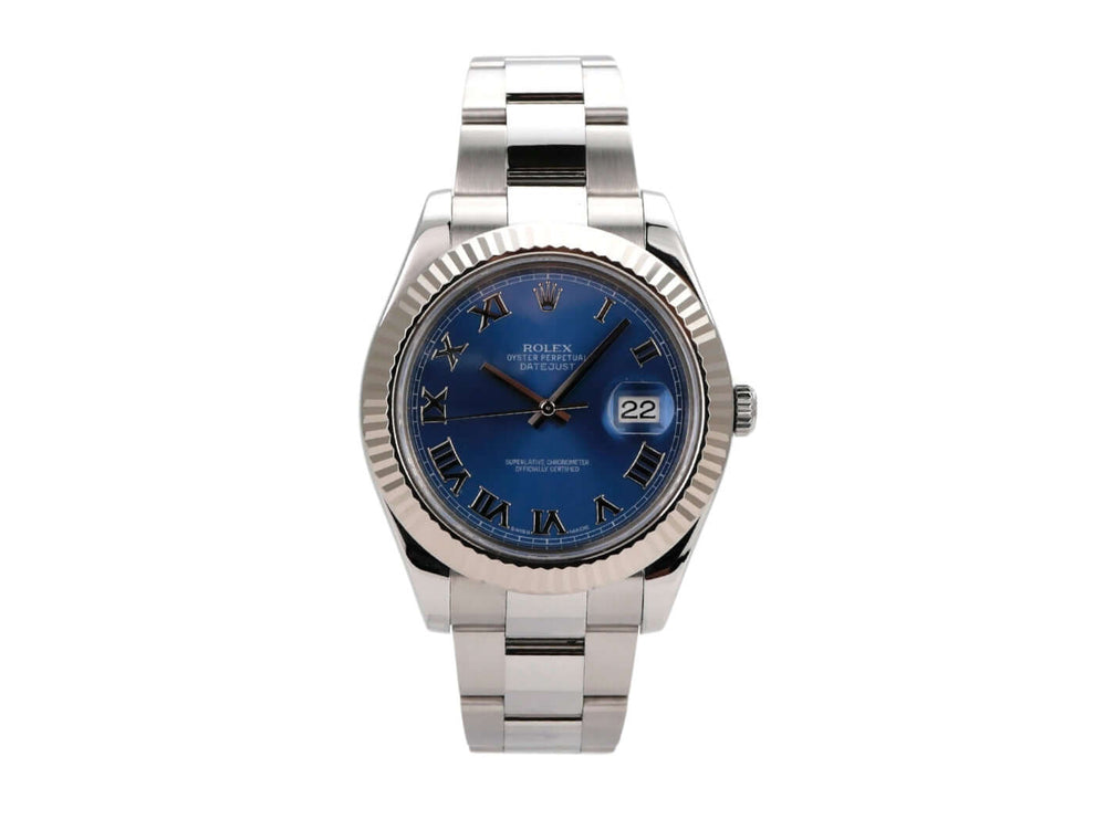 Rolex Datejust II 116334 Edelstahl Weißgold mit blauem Zifferblatt und römischen Ziffern, 41 mm, Oyster Armband.