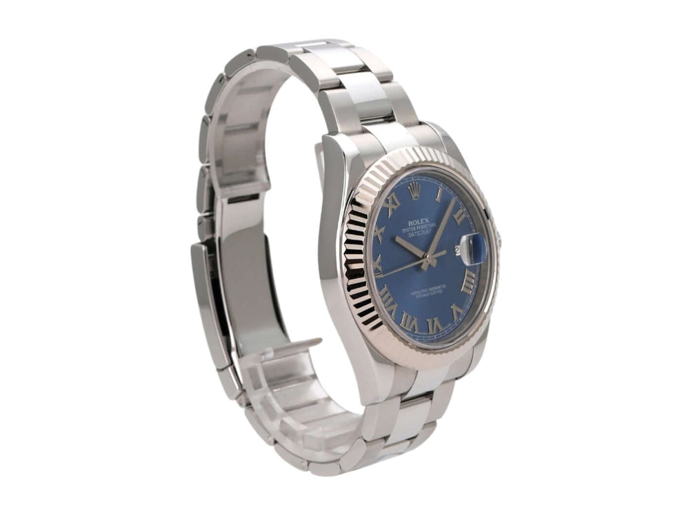 Rolex Datejust II 116334 Edelstahl/Weißgold, 41mm, blaues Zifferblatt, römische Ziffern, poliertes Armband.