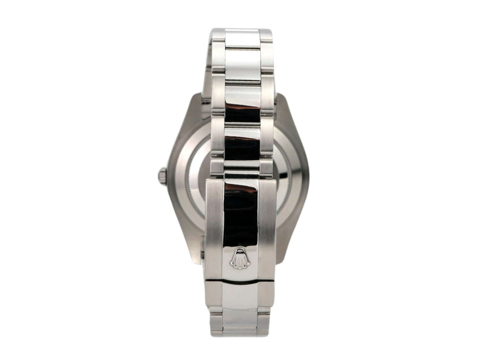 Rolex Datejust II 116334 Edelstahlarmband aus Edelstahl, Ansicht von der Seite, silberne und glänzende Oberfläche.