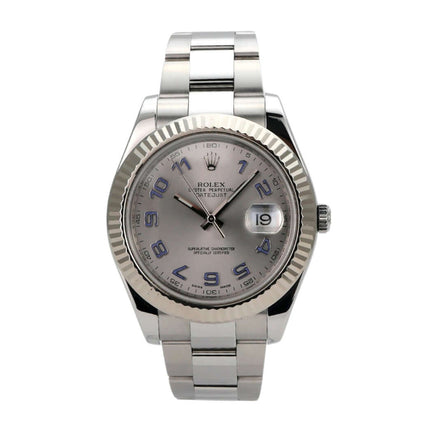 Rolex Datejust II Edelstahl Weißgold 116334 mit Rhodium Zifferblatt und arabischen Ziffern, poliertes Armband.