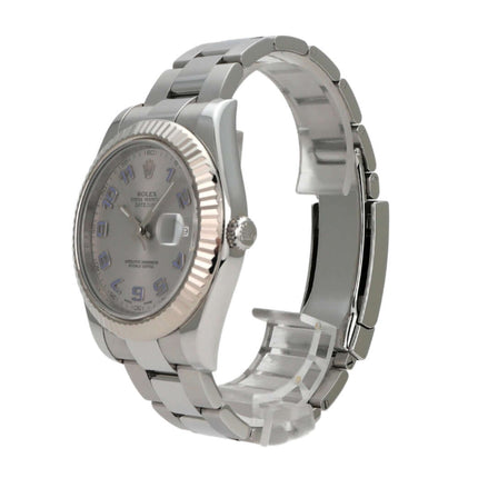 Rolex Datejust II Edelstahl Weißgold 116334 mit Rhodium Zifferblatt und arabischen Ziffern, 41 mm Gehäusedurchmesser.