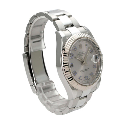 Rolex Datejust II Edelstahl Weißgold 116334 mit Rhodium Zifferblatt und arabischen Zahlen, 41 mm Gehäusedurchmesser.