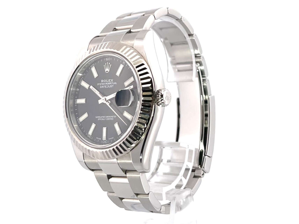 Rolex Datejust II Edelstahl/Weißgold 116334 Schwarz mit schwarzem Zifferblatt, poliertem und satiniertem Edelstahlgehäuse, Weißgold-Lünette.