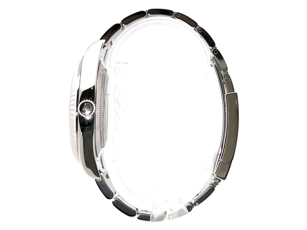 Rolex Datejust II Edelstahl Weißgold 116334 seitliche Ansicht, poliertes und satiniertes Gehäuse und Armband, Gehäusedicke 12 mm