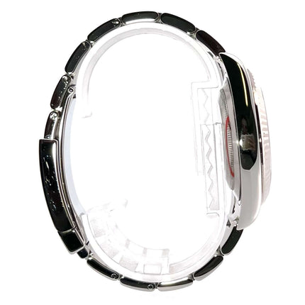 Seitenansicht der Rolex Datejust II Edelstahl/Weißgold 116334 mit schwarzem Zifferblatt und Edelstahlarmband