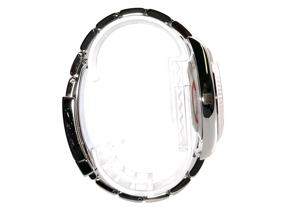 Seitenansicht der Rolex Datejust II Edelstahl/Weißgold 116334 mit schwarzem Zifferblatt und Edelstahlarmband