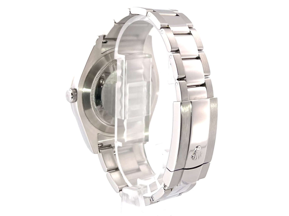 Rückansicht eines Rolex Datejust II Edelstahl / Weißgold Ref. 116334 Schwarz aus 2016 mit poliertem und satiniertem Oyster Edelstahl Armband.