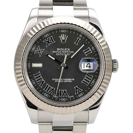 Rolex Datejust II 116334 Schwarz Römisch mit schwarzem Zifferblatt und römischen Ziffern, Edelstahl- und Weißgoldgehäuse.