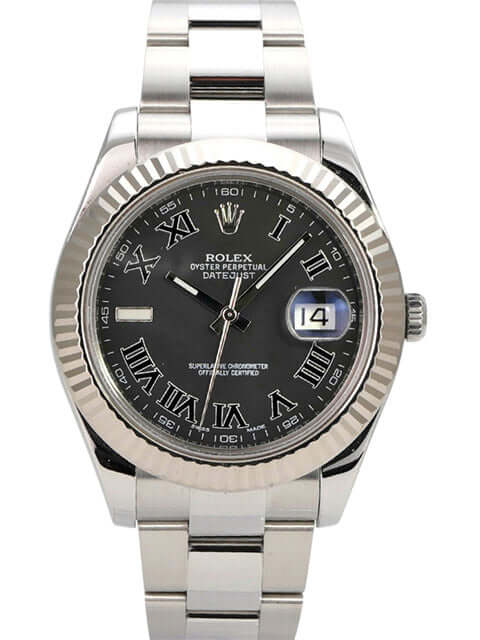 Rolex Datejust II 116334 Schwarz Römisch mit schwarzem Zifferblatt und römischen Ziffern, Edelstahl- und Weißgoldgehäuse.