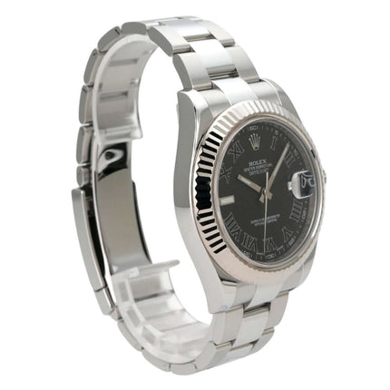 Rolex Datejust II 116334 Schwarz Römisch mit Edelstahl- und Weißgold-Gehäuse und schwarzem Zifferblatt.