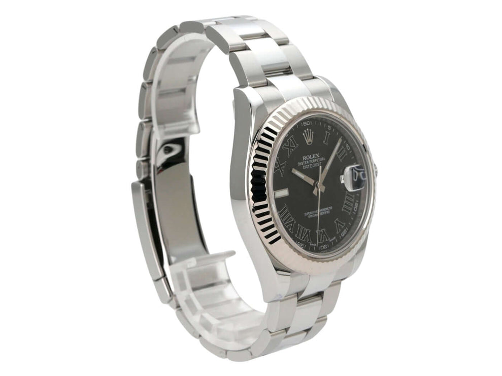 Rolex Datejust II 116334 Schwarz Römisch mit Edelstahl- und Weißgold-Gehäuse und schwarzem Zifferblatt.