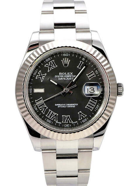 Rolex Datejust II 116334 Schwarz Römisch Uhr mit Edelstahl- und Weißgold-Gehäuse und schwarzem Zifferblatt.