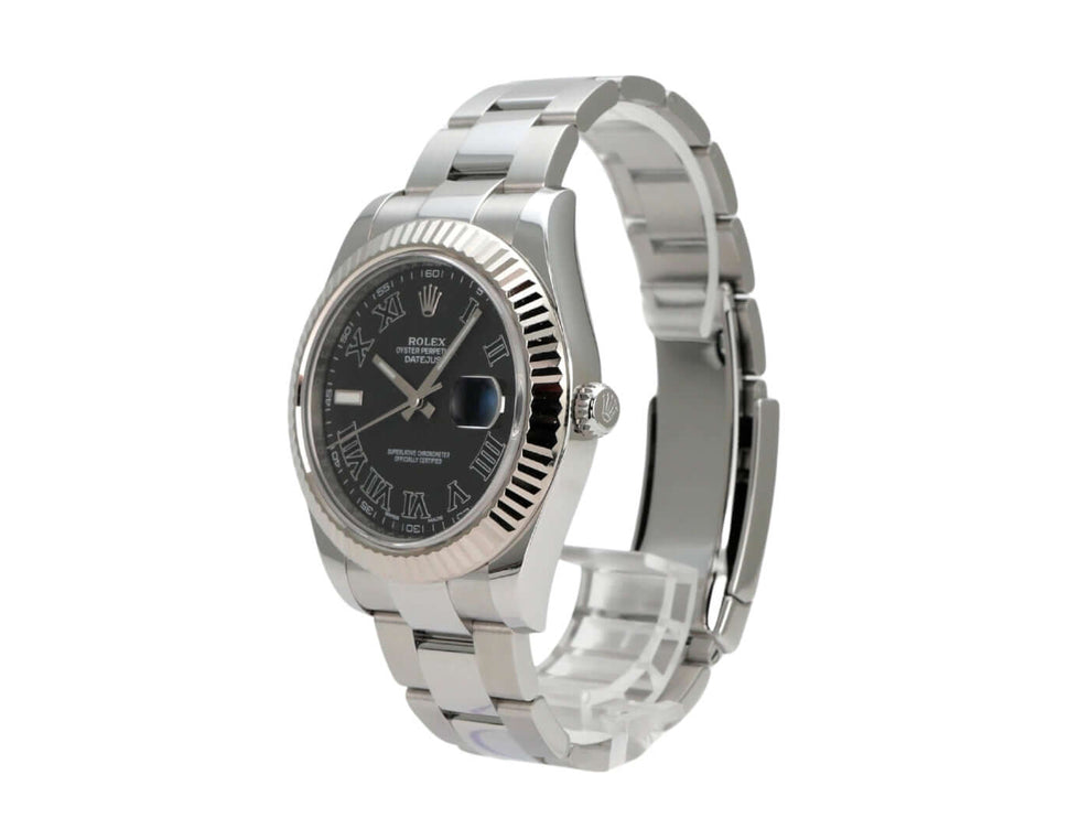 Rolex Datejust II 116334 Schwarz Römisch mit schwarzem Zifferblatt und römischen Ziffern in Edelstahl und Weißgold.