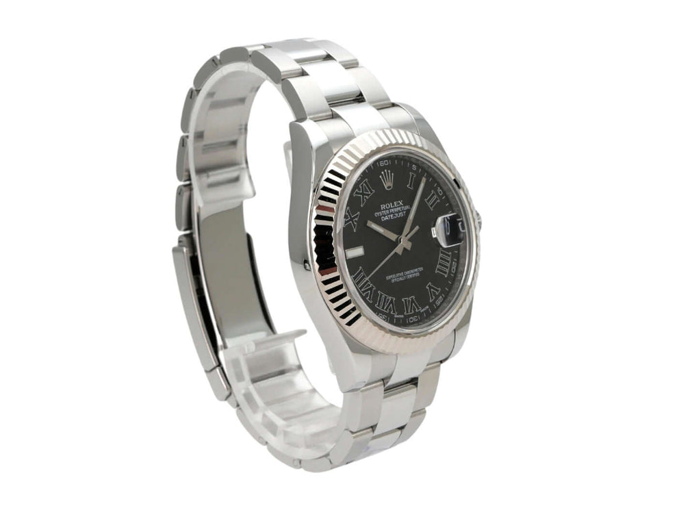 Rolex Datejust II 116334 Schwarz Römisch mit Edelstahl- und Weißgoldgehäuse und römischen Ziffern auf dem Zifferblatt.