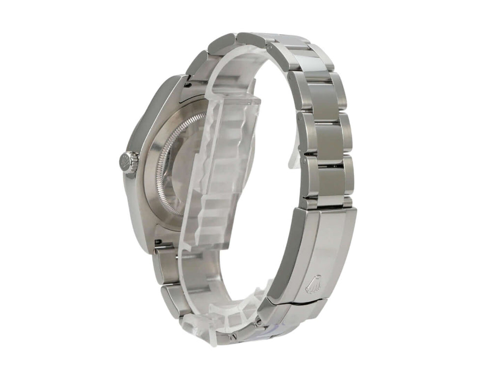 Seitenansicht der Rolex Datejust II 116334 Schwarz Römisch mit Edelstahlband und Oyster-Faltschließe.