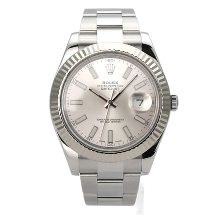 Rolex Datejust II Edelstahl Weißgold 116334 Silber, polierte Uhr mit silbernem Zifferblatt und Oyster-Band.