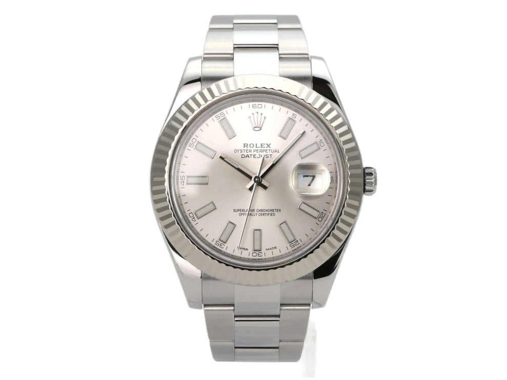 Rolex Datejust II Edelstahl Weißgold 116334 Silber, polierte Uhr mit silbernem Zifferblatt und Oyster-Band.