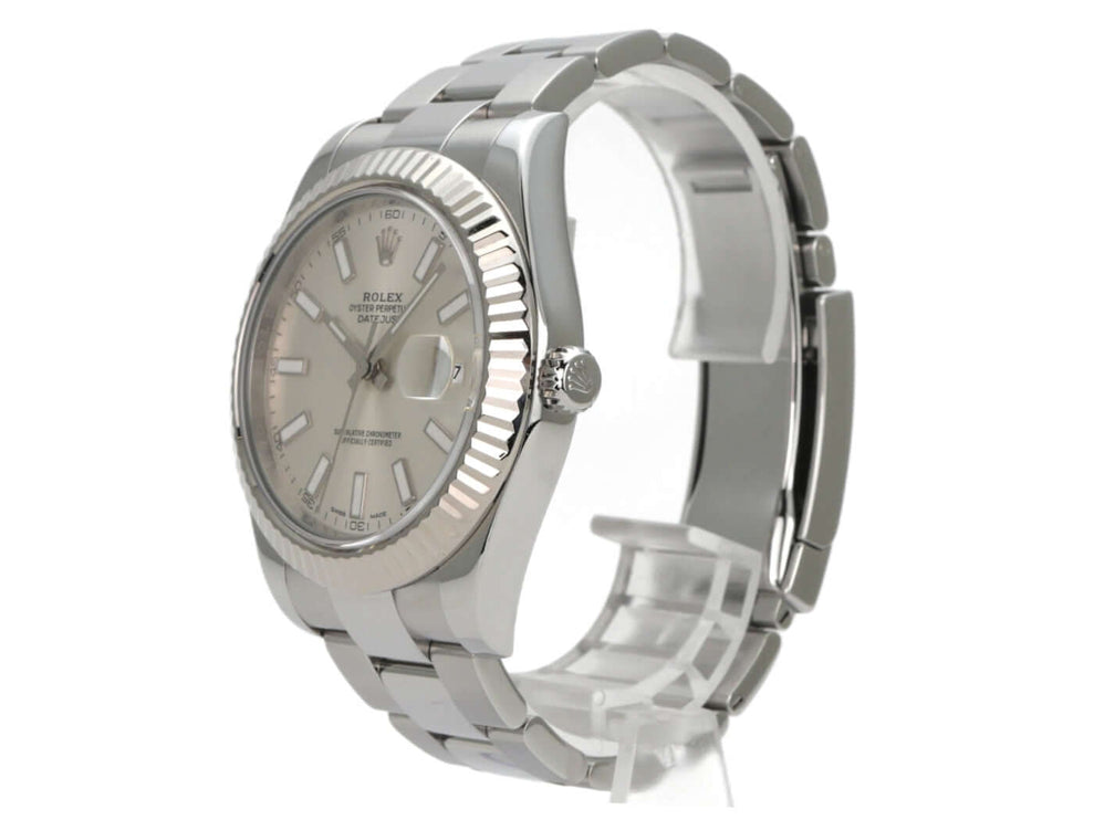 Rolex Datejust II Edelstahl Weißgold 116334 Silber mit silbernem Zifferblatt und Oyster-Edelstahlarmband.